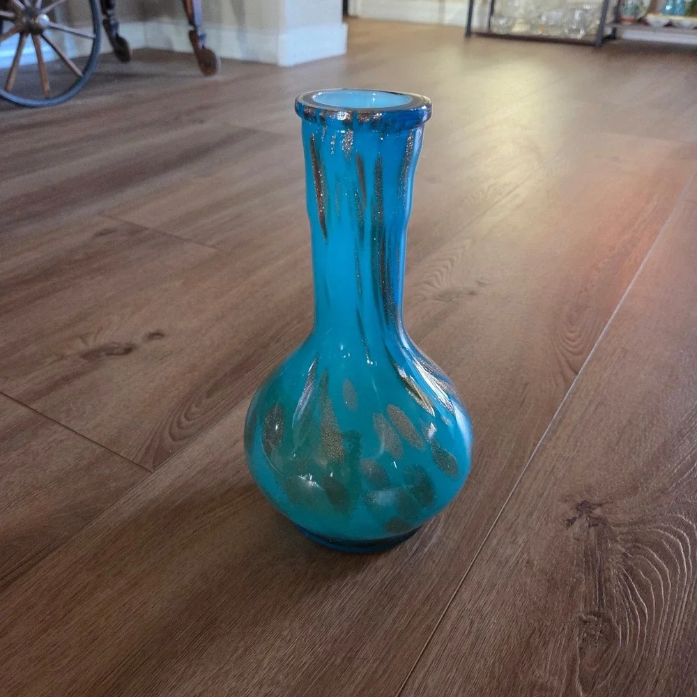 MCM Turquoise Blue Blown‎ Glass Vase Metallic Gold Drips Art Glass
